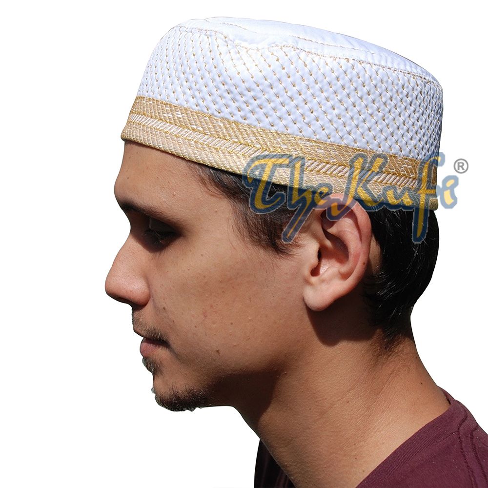 White Padded Hat with Gold Embroidery