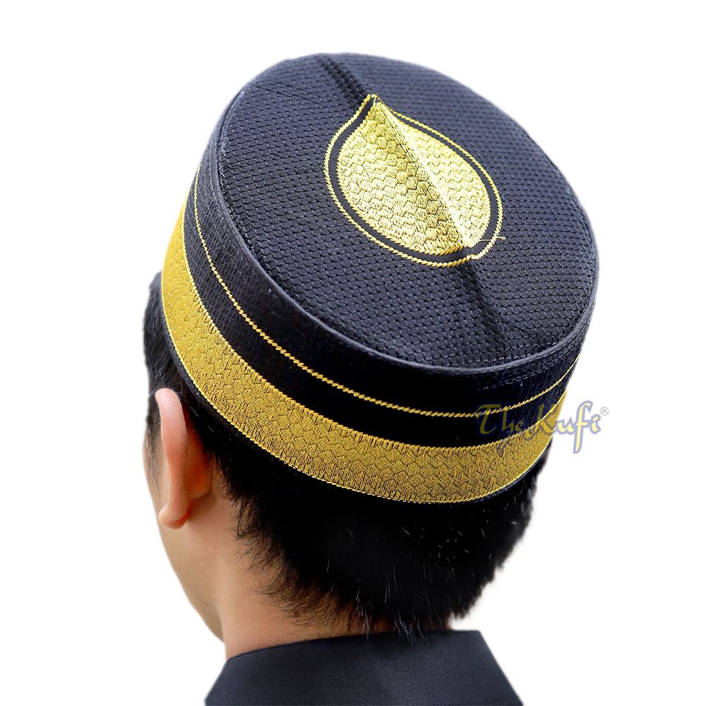 Black Golden Elegant Hat – Bugis Kufi Creased Oval Top Indonesian Traditional Muslim Cap Embroidered Rigid Islamic Head Cover
