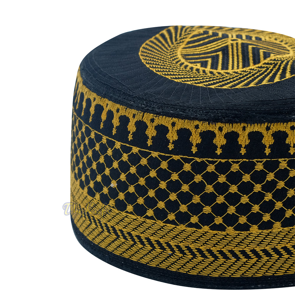 Kufi Emas Hitam Metalik Bulat Kaku