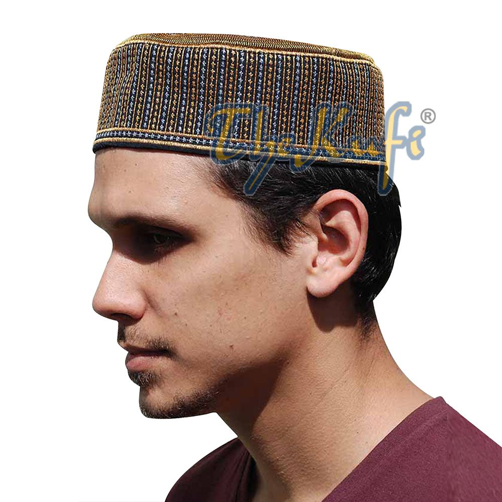 Rigid Metallic Thread Embroidered Kufi with Golden Top Ring