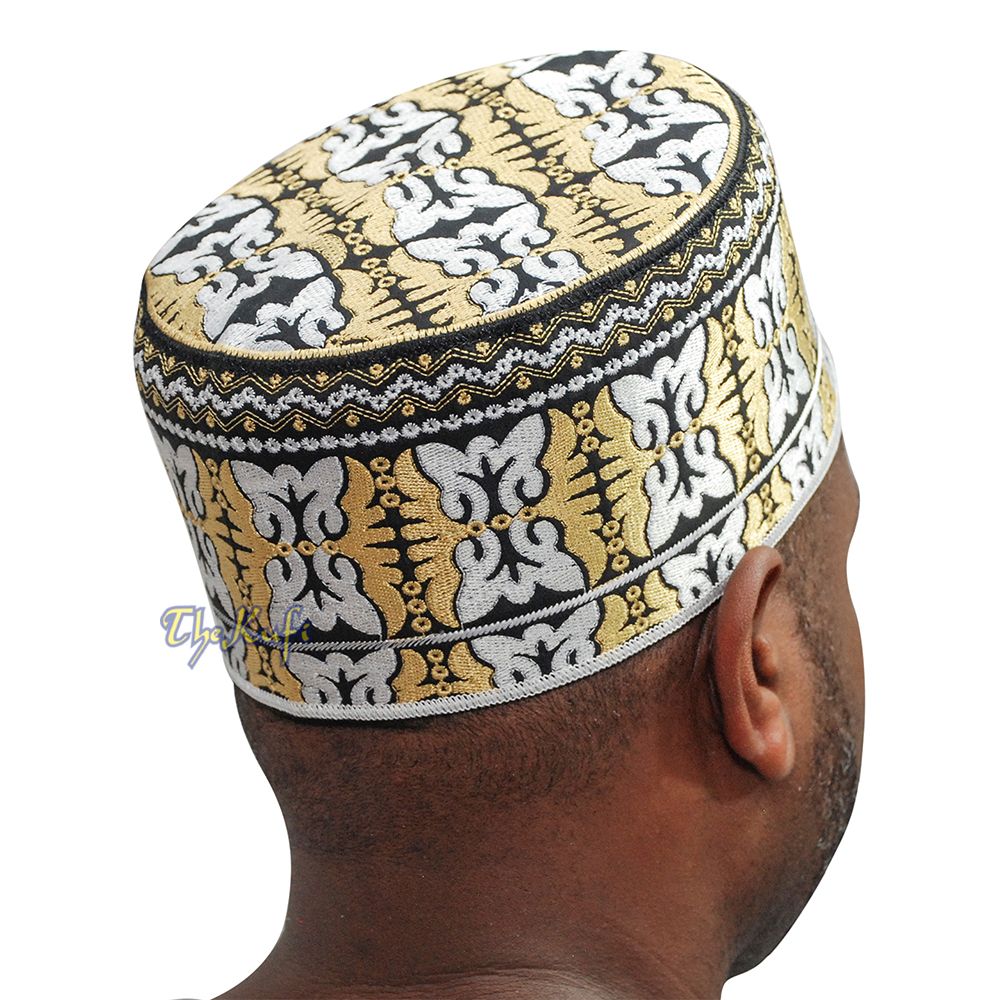 Muslim Omani Kufi Hat Black Golden-Brown White Butterfly Motif 4-inch Islamic African Yemeni Kenyan Topi