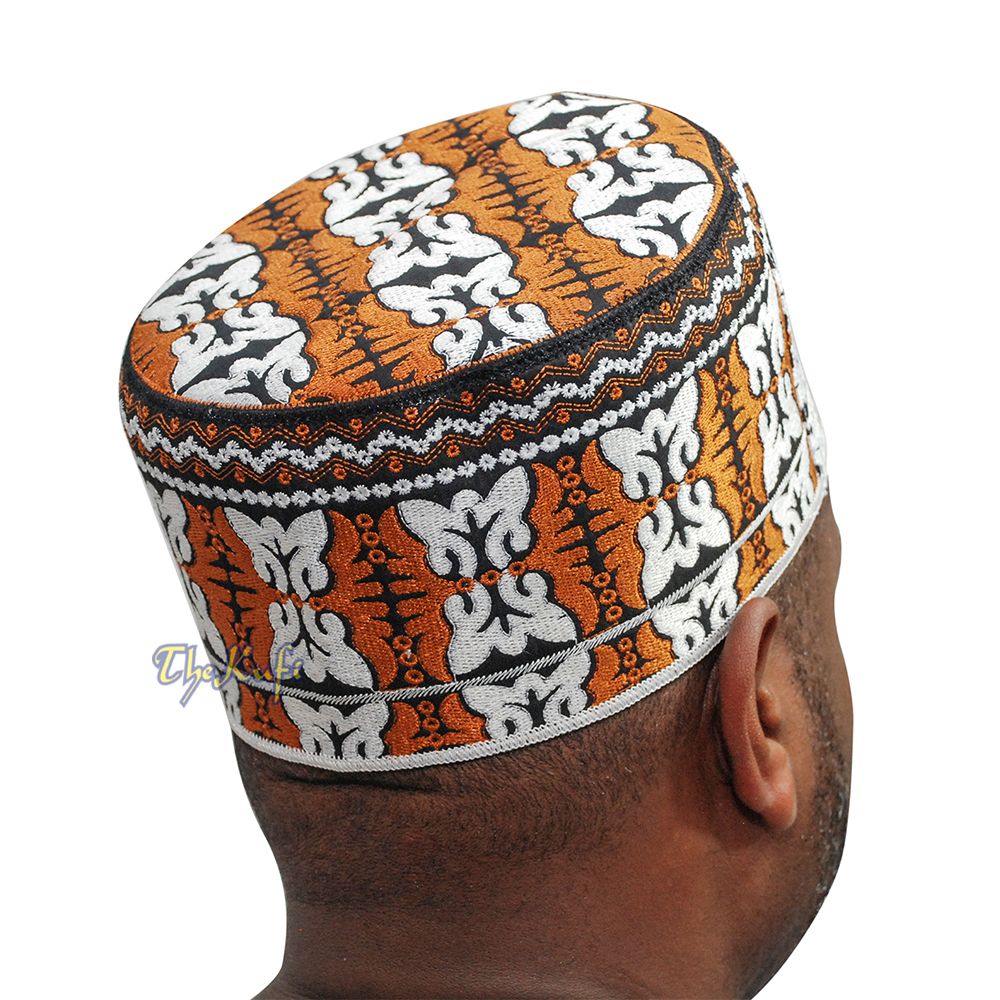 Muslim Omani Kufi Hat Rust-Brown Black White Butterfly Motif 4-inch Islamic African Yemeni Kenyan Tupi