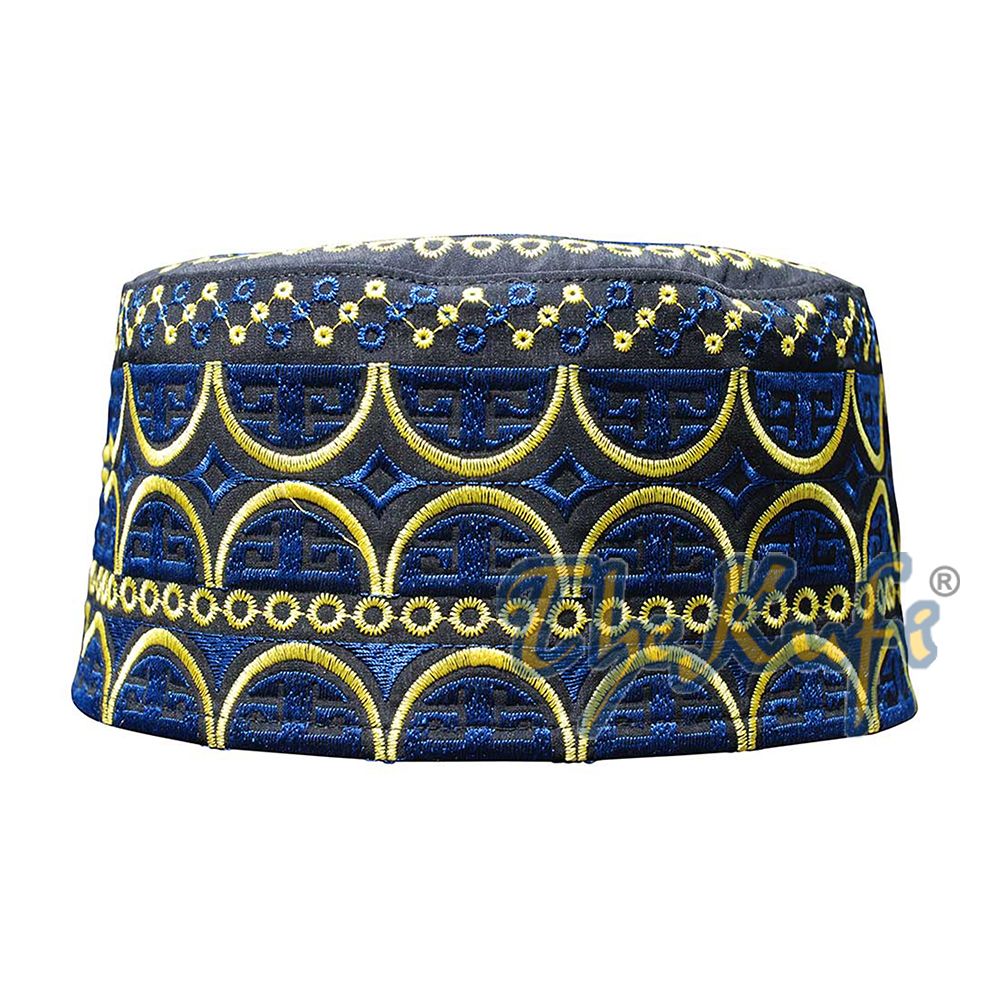 Tall Omani Kufi Hat Black Blue & Yellow Embroidery