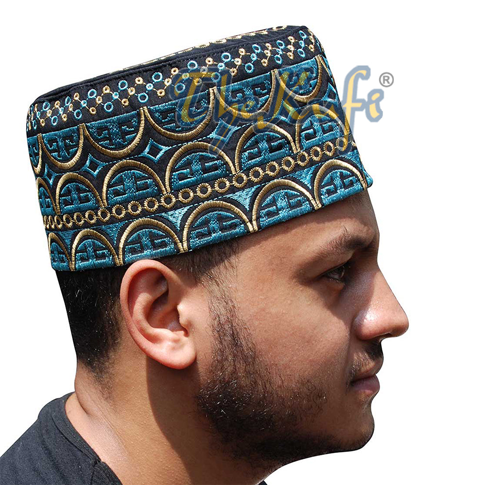 Topi Kufi Oman Tinggi Emas Hitam & Sulaman Biru