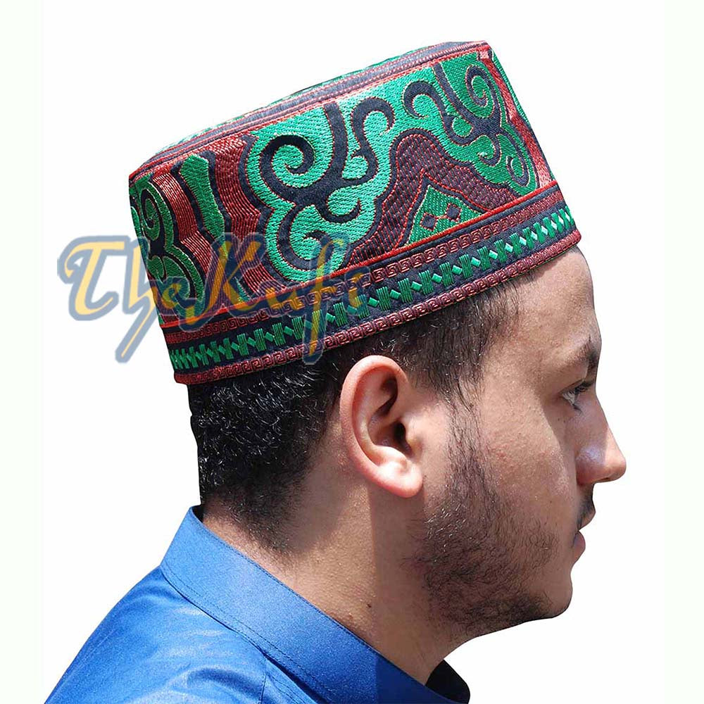 Topi Kufi Oman Sulaman Hijau Hitam & Merah