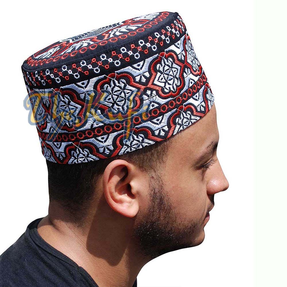 Tall Omani Kufi Hat Black Red & Silver Embroidery