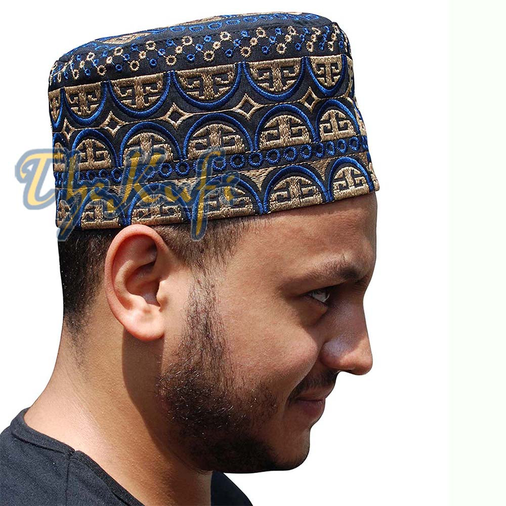 Topi Kufi Oman Tall Black Blue & Brown Sulaman
