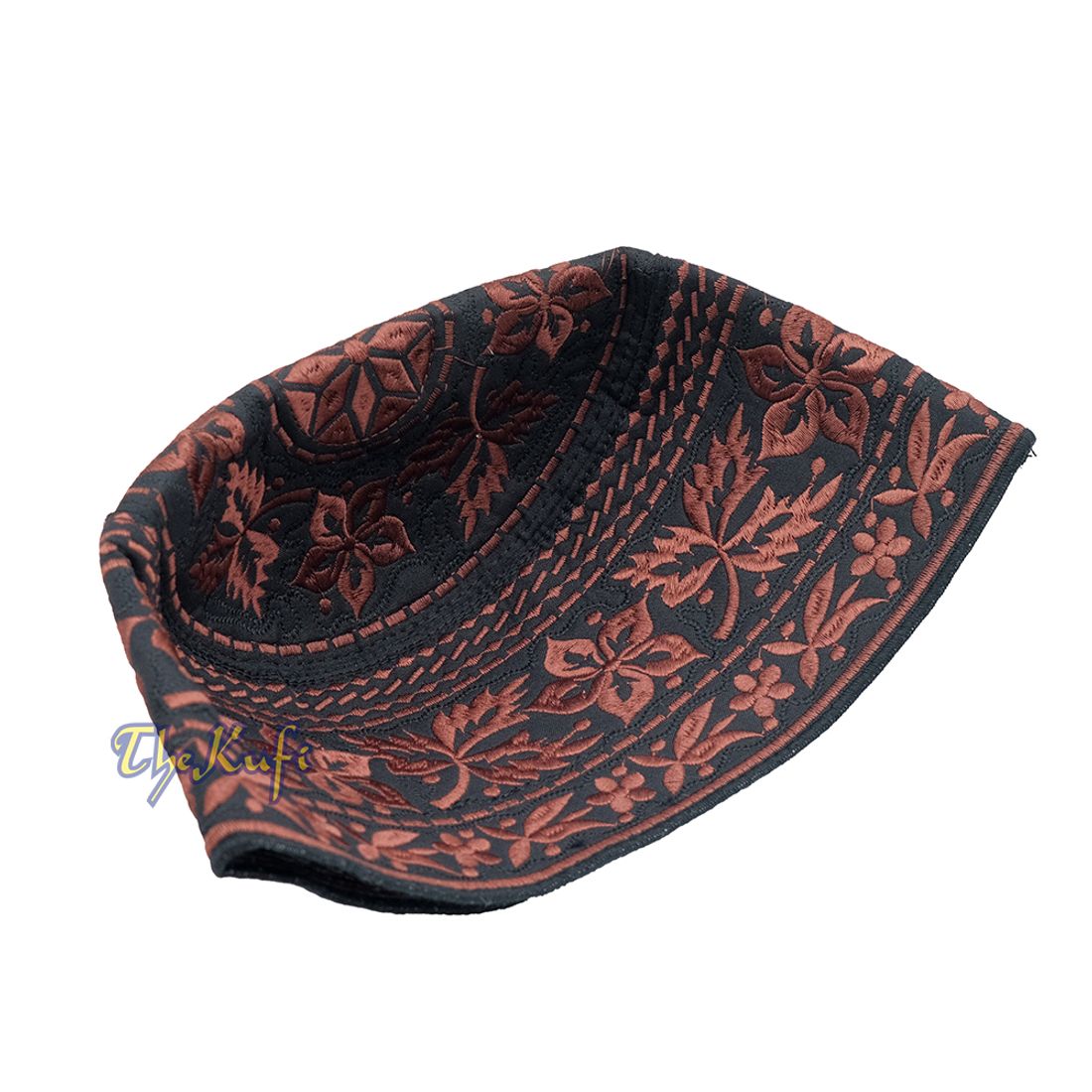 Dark Brown Omani African Yemeni Embroidered Leaf & Flower Design Muslim Kufi Hat