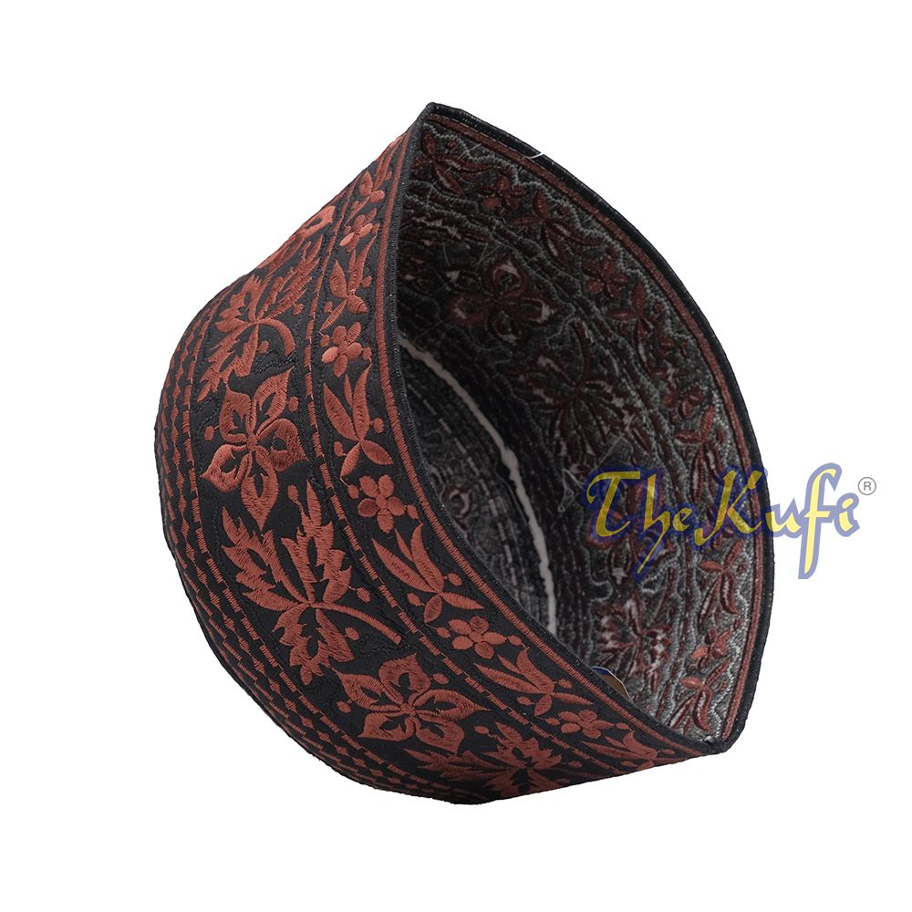 Dark Brown Omani African Yemeni Embroidered Leaf & Flower Design Muslim Kufi Hat