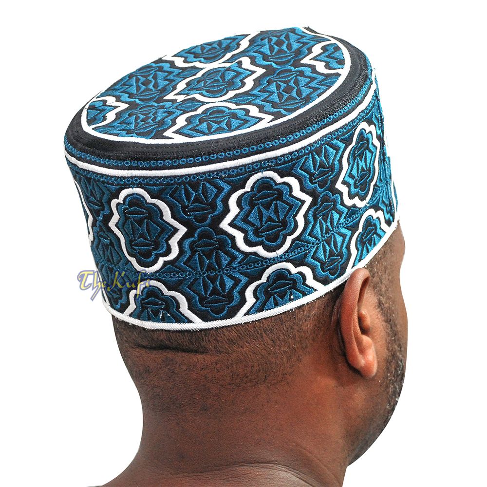 Tall Dark Blue White Omani-Style African Kenyan Muslim Kufi Hat 4-inch Embroidered Minar Arabesque Motif Black Base