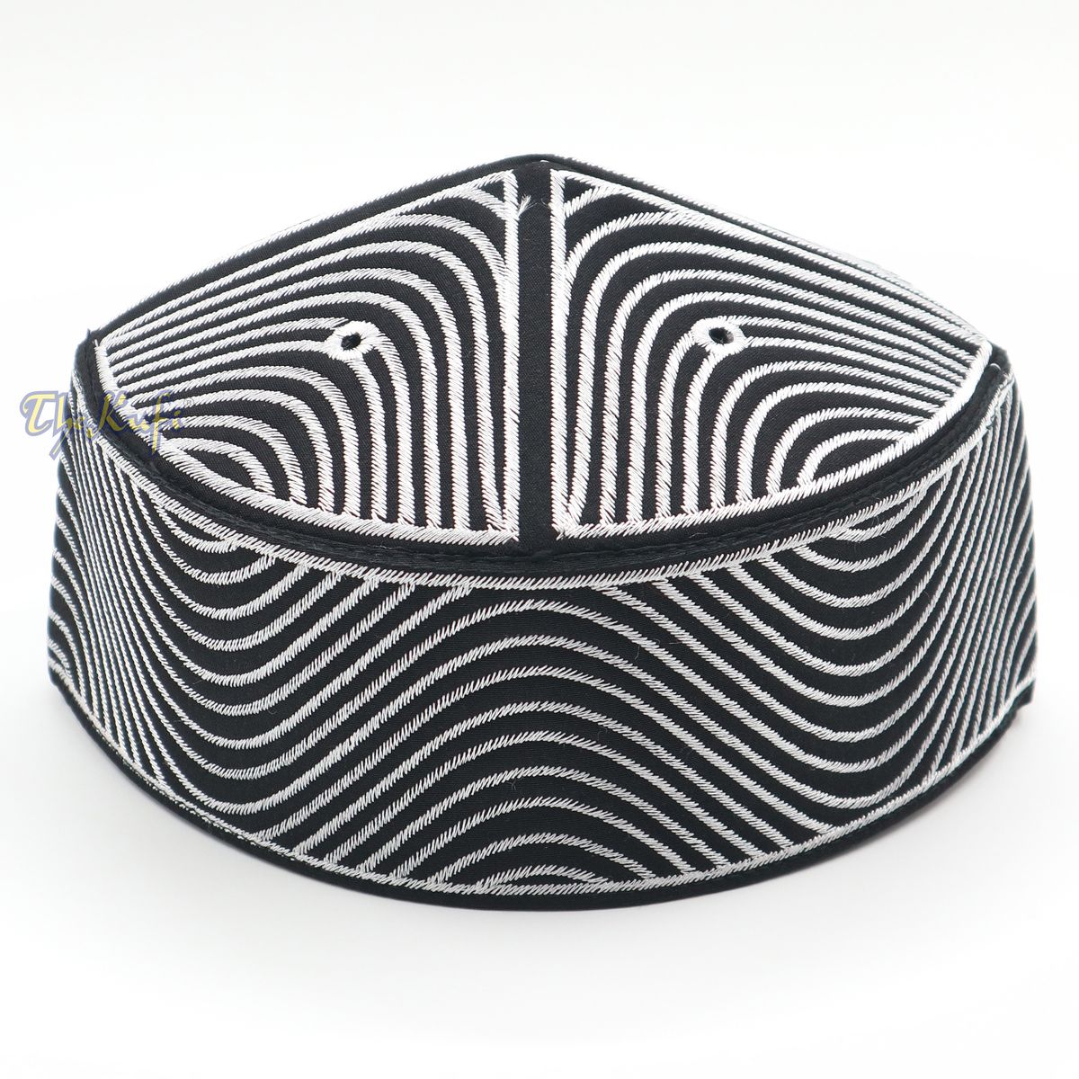 Exclusive Black Round Peak-Top Wave Design Kufi Hat with Silver-Tone Embroidery Semi-Rigid Taj Crown Cap