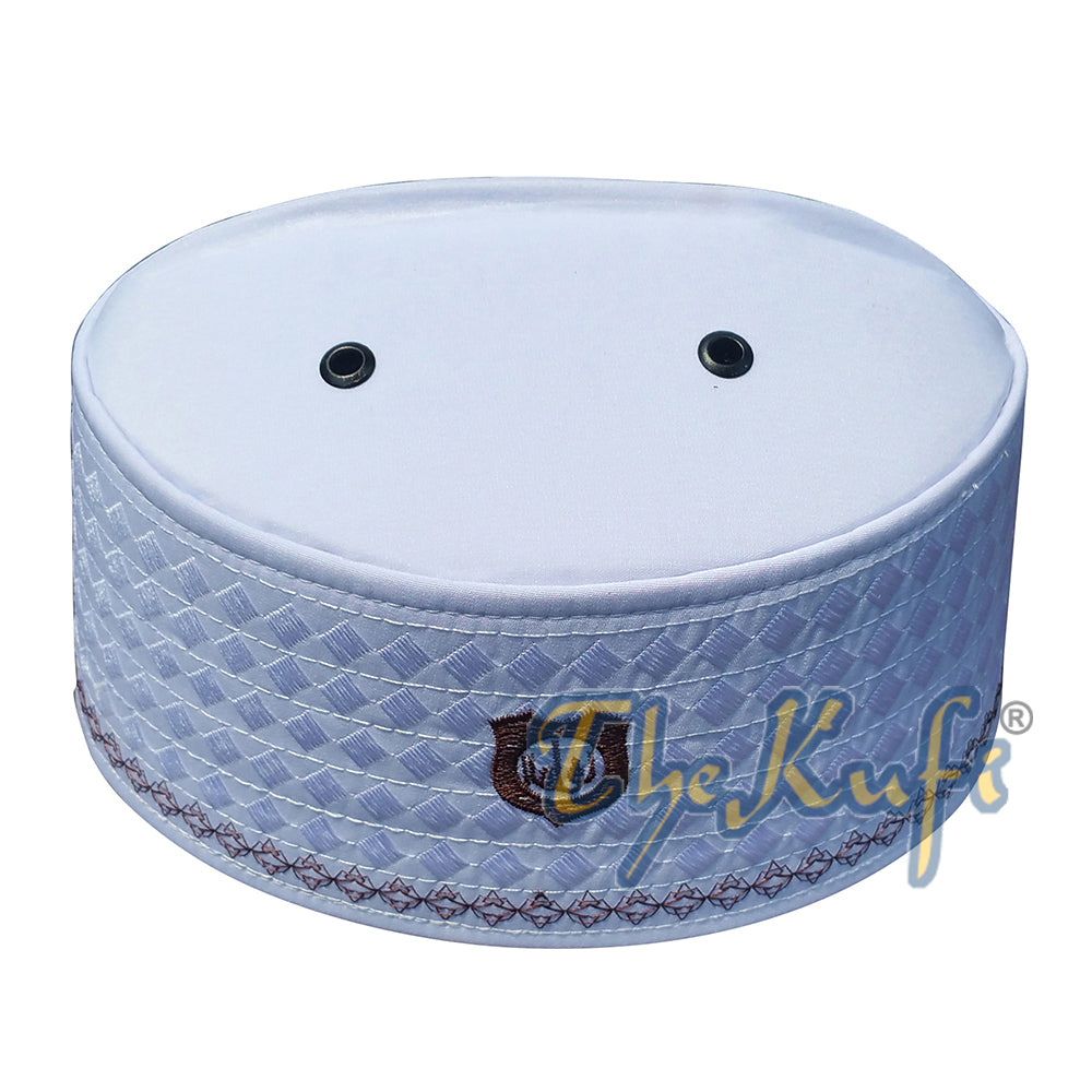 White Rigid Brown Embroidered Habaib Kufi with 4 Holes