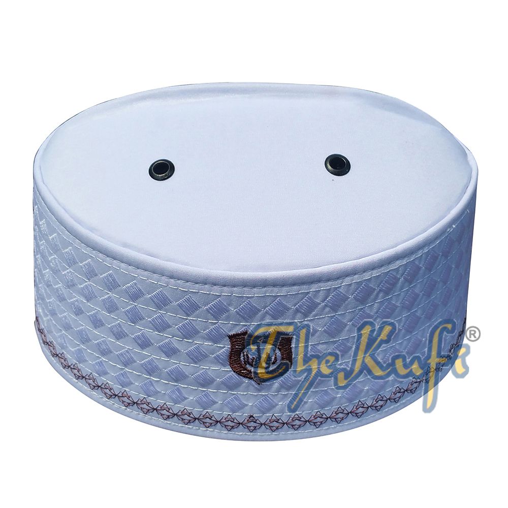 White Rigid Brown Embroidered Habaib Kufi with 4 Holes
