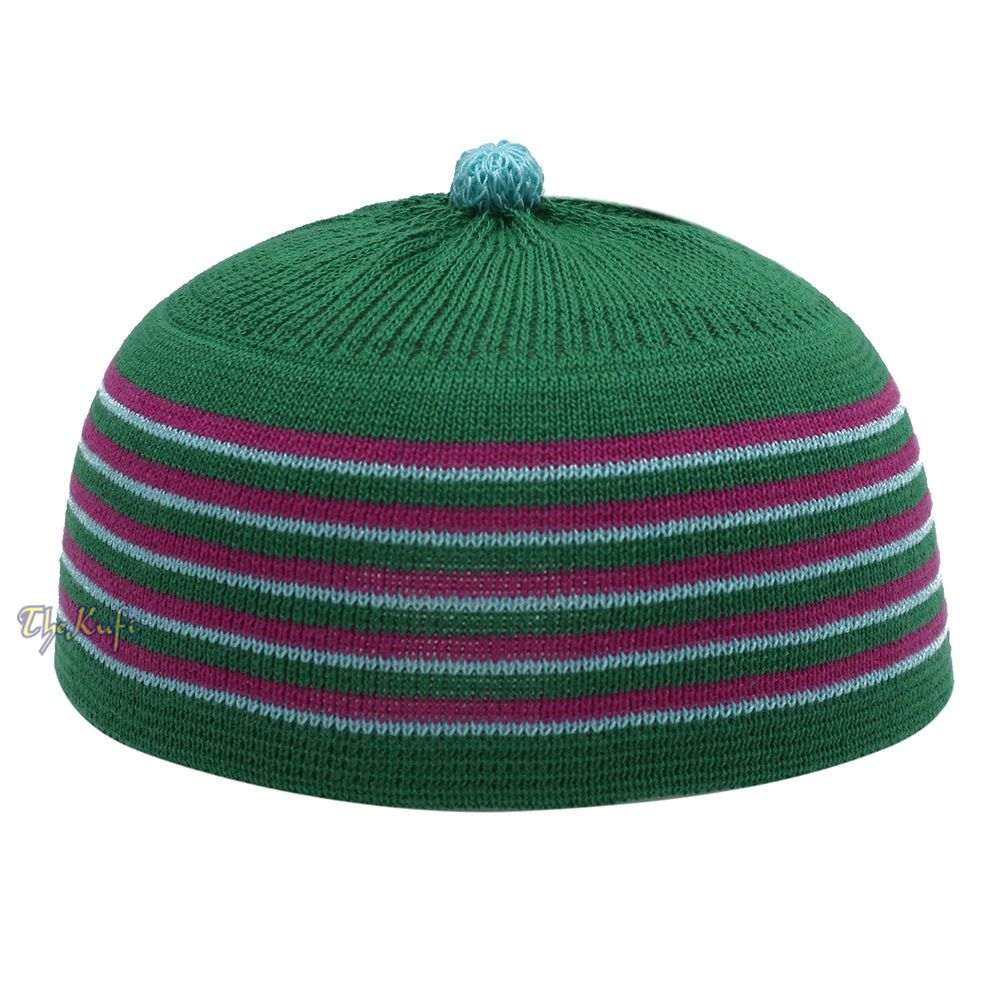 Green with Hot Pink and Turquoise Lines Baby Or Infant Kufi Pompom Stretchable Beanie