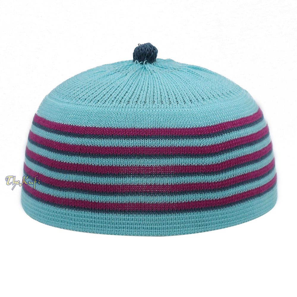 Light Turquoise Blue with Light Maroon and Dark Green Lines Baby Or Infant Kufi Pompom Stretchable Beanie