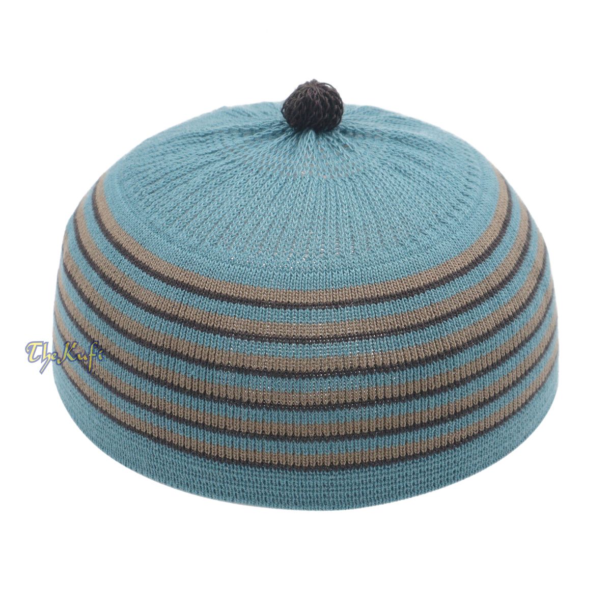 Topi Beanie Kufi Bayi atau Balita dengan Warna Teal Tua dengan Garis-Garis Cokelat & Hitam