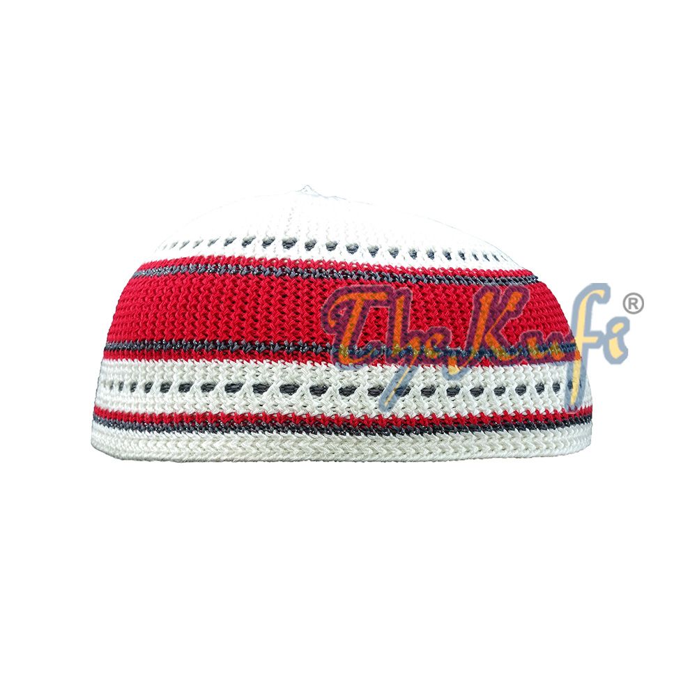 Red, Gray and Cream with Silver Thread Kufi Muslim Skull Cap