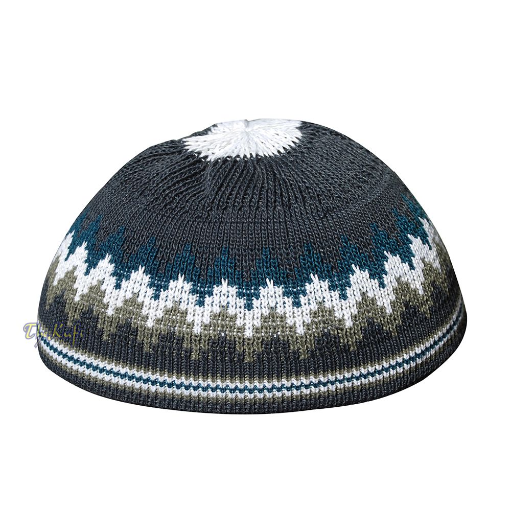 Dark Gray, Dark Green, White and Green Stretch-Knit Kufi Hat Skull Cap – Comfortable Fit – Design