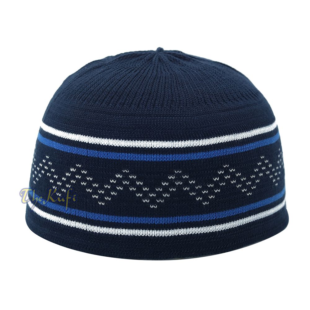 Dark Blue White Stripe Stretch-Knit Zigzag Kufi Hat Skull Cap Beanie