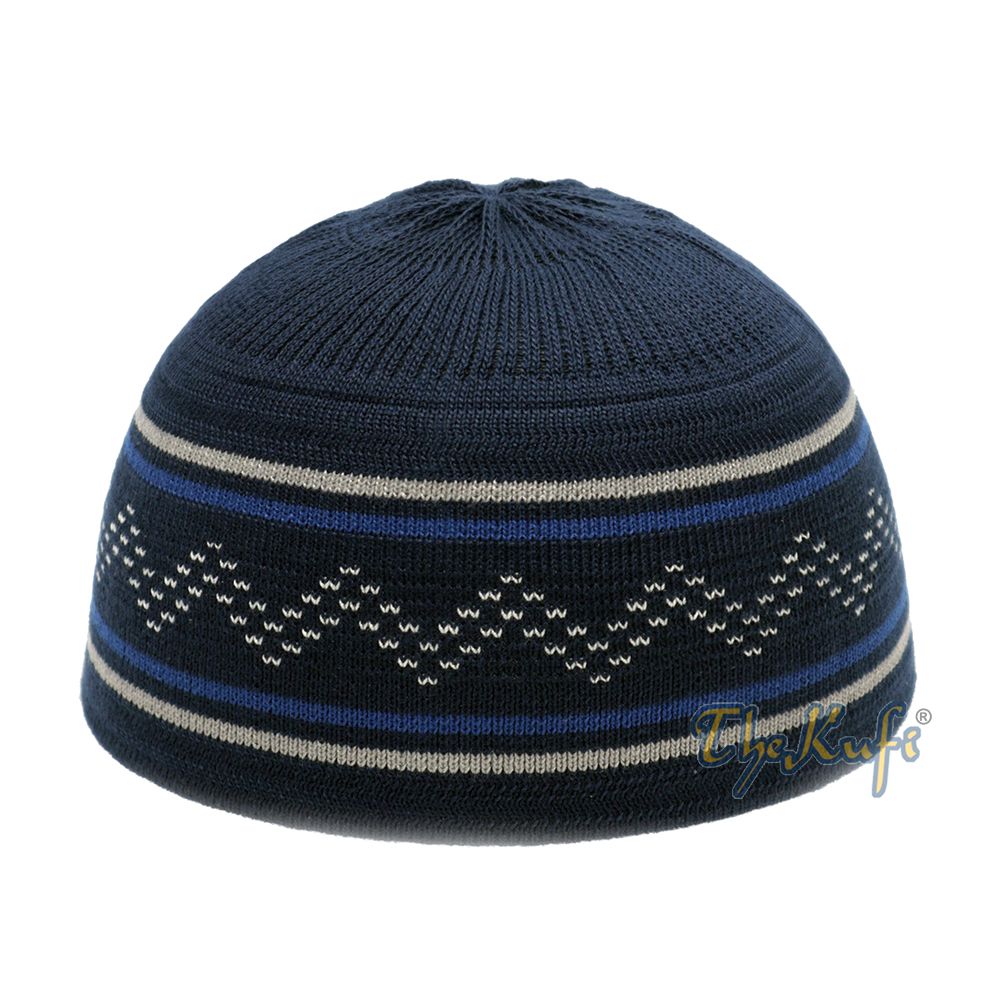 Dark Blue Gray Stripe Stretch-Knit Zigzag Kufi Hat Skull Cap Beanie