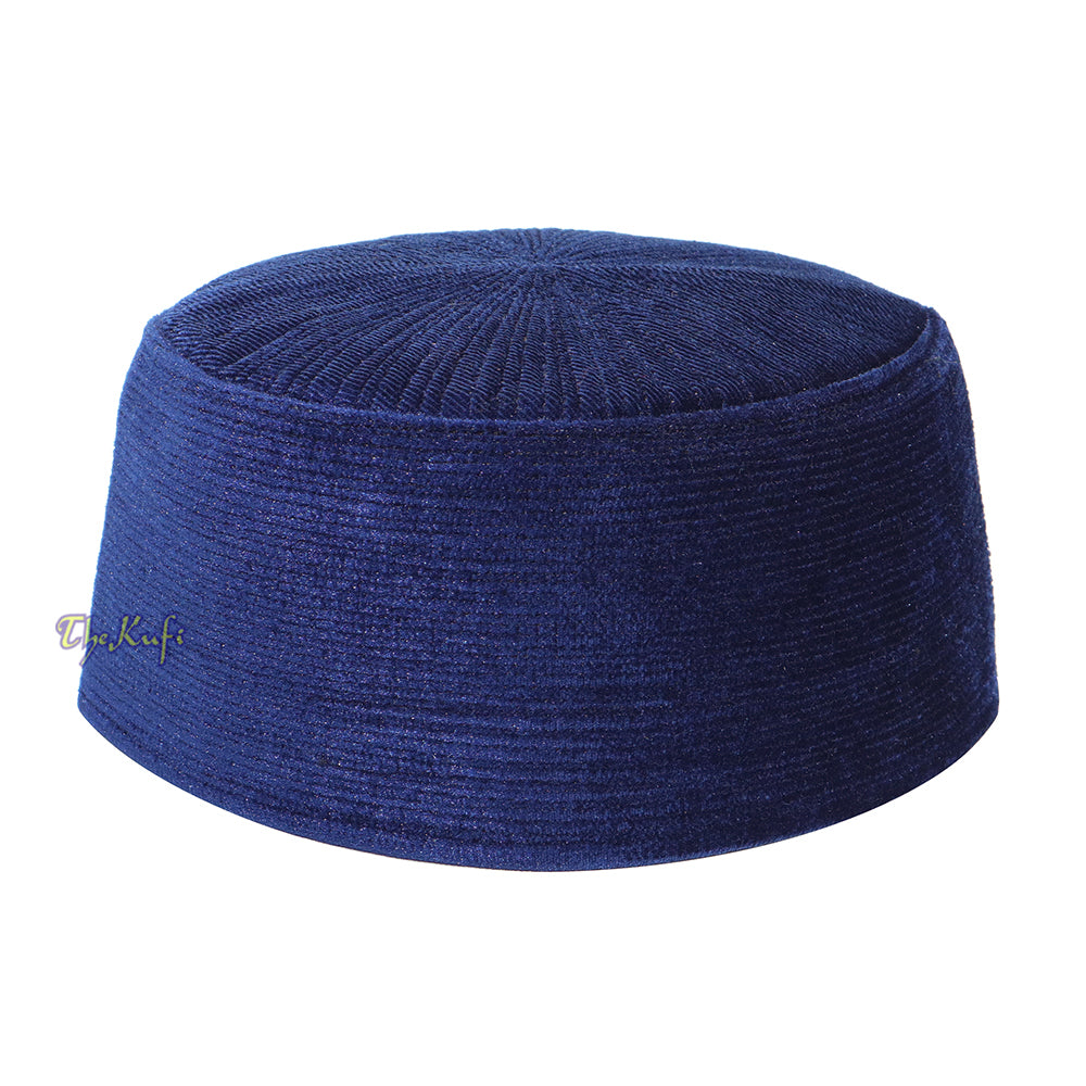 Topi Kufi Gaya Chechen Turki Beludru Kaku Biru Kobalt Gelap Premium