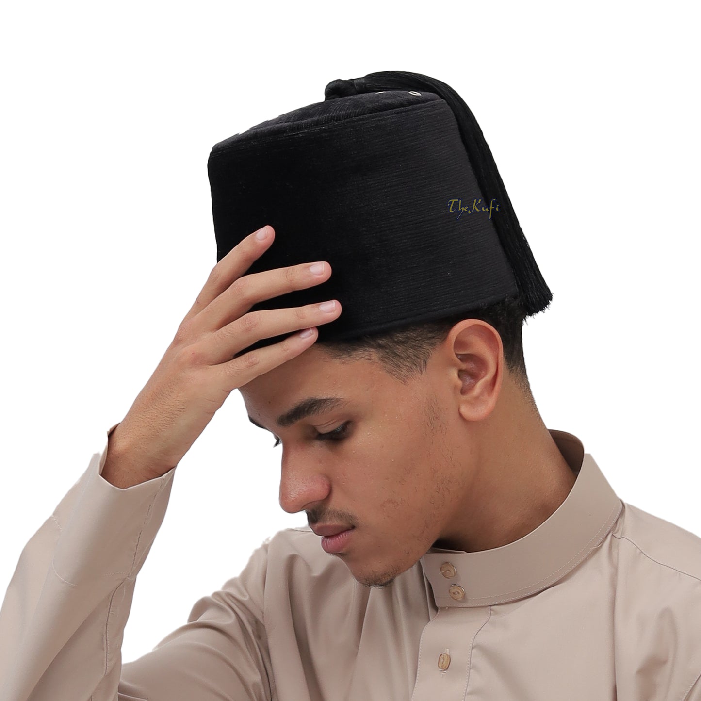 Topi Fez Beludru Hitam Tinggi - Topi Gaya Maroko Moorish Premium dengan Rumbai Hitam