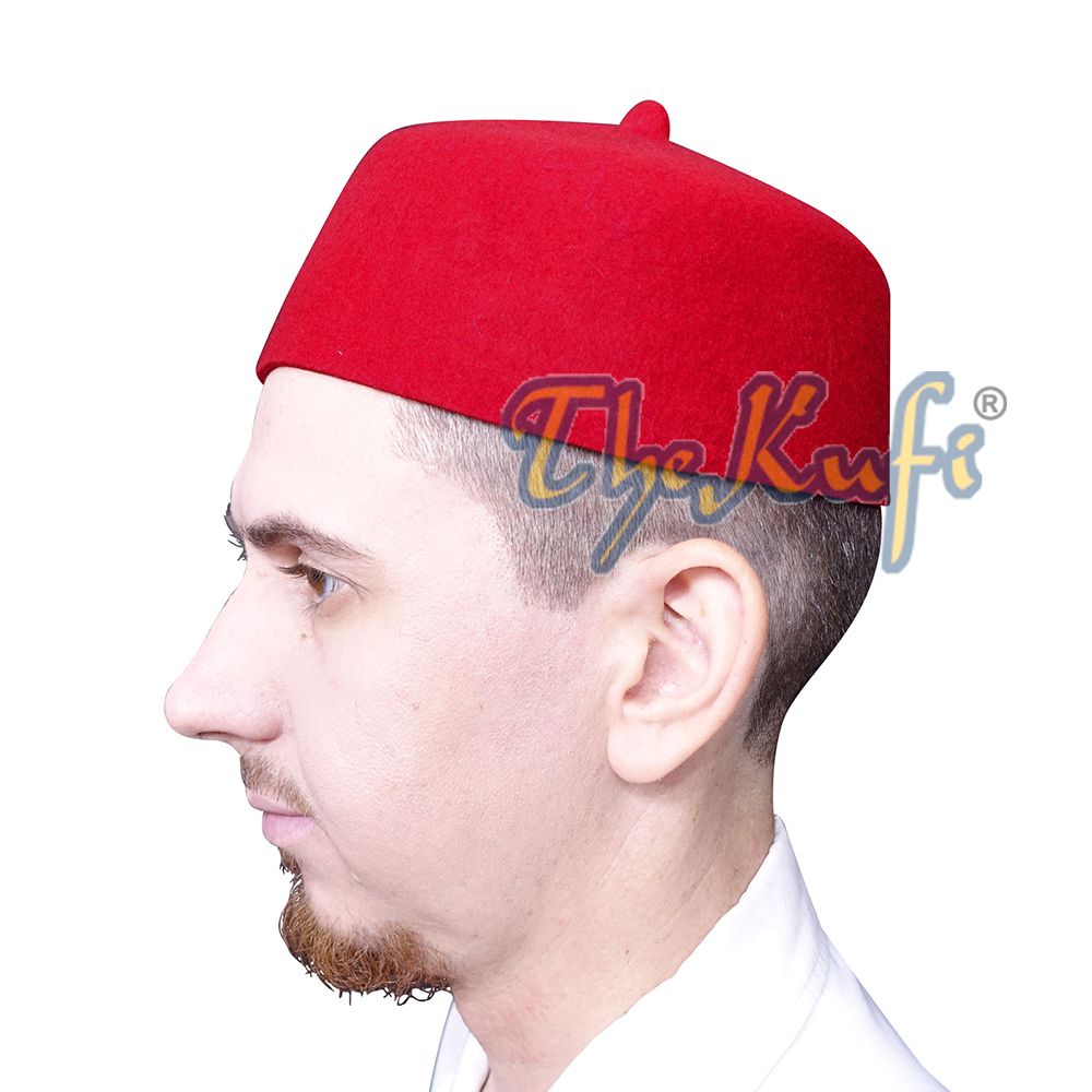 Red Felt Wool Fez Hat with Tip Kufi Prayer Cap