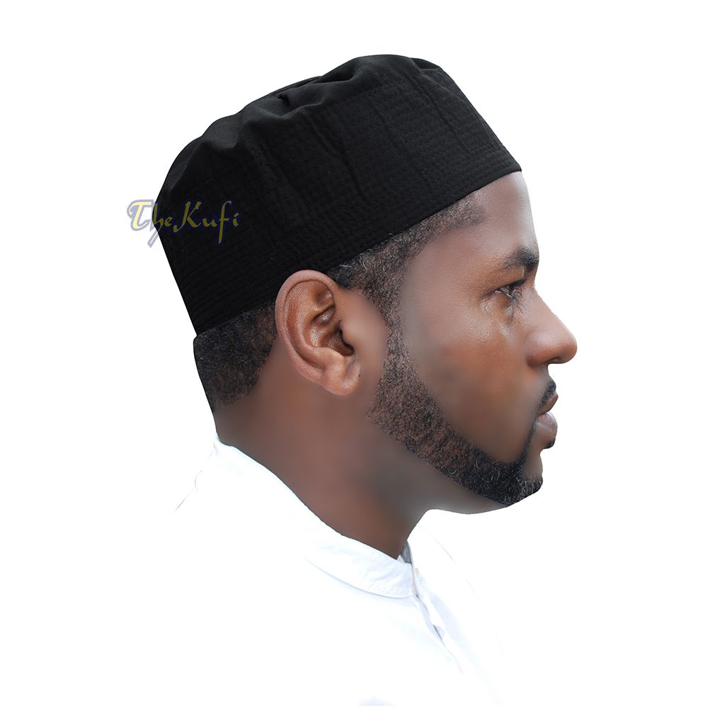 Black Fabric Ijazi Pleated-Top Cotton Blend Naqshabandi Ijazi Kufi Cap