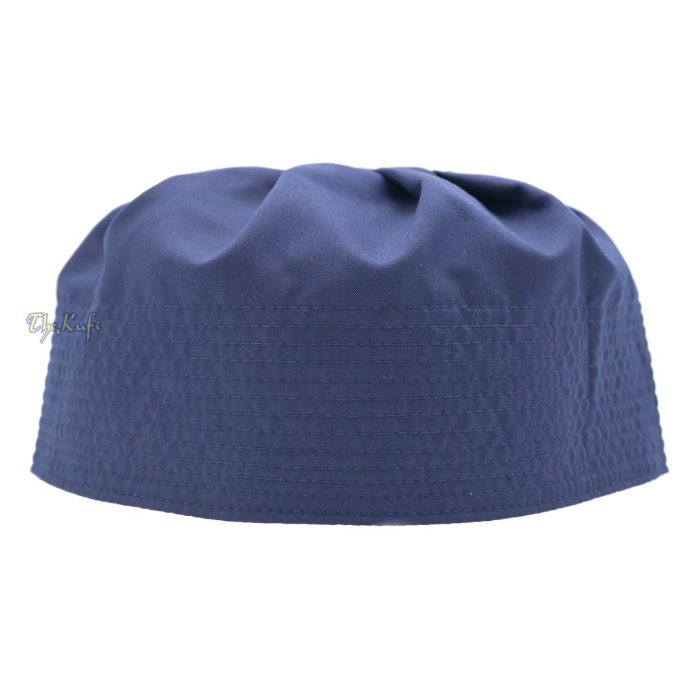 Dark Blue Fabric Ijazi Pleated-Top Cotton Kufi Hat