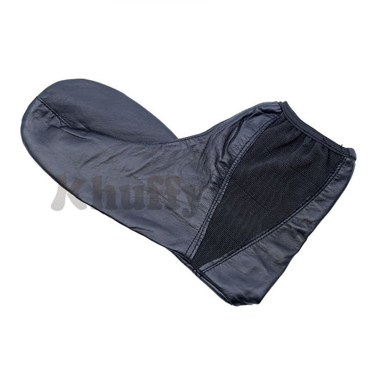 Black leather khuff socks for wudu and Islamic ablution, shown on a mannequin foot.