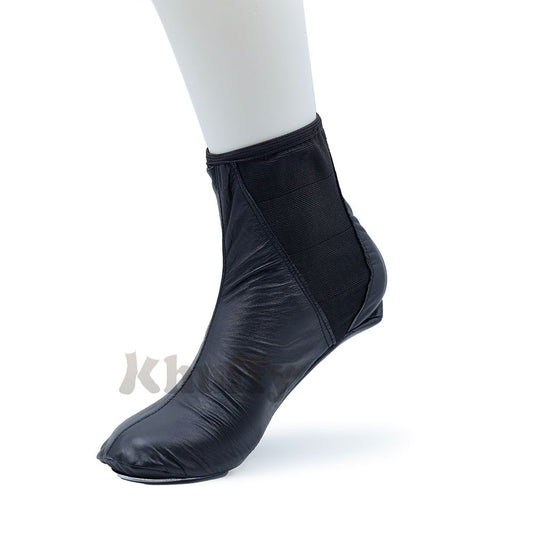 Black leather khuff socks for wudu and Islamic ablution, shown on a mannequin foot.