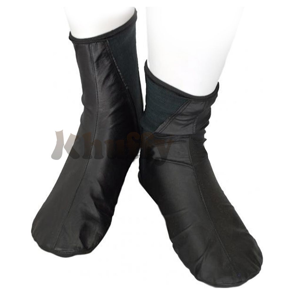 Black leather khuff socks for wudu and Islamic ablution, shown on a mannequin foot.