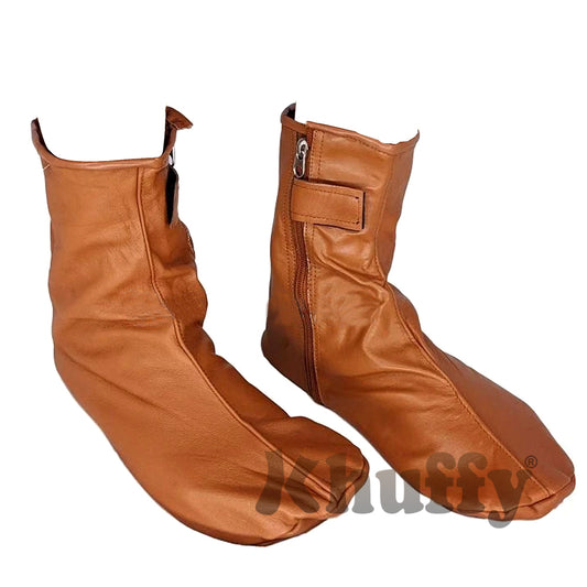 Camel Brown Men's/Women's Zipper Halal Leather Sunnah Khuff Khuffain Socks For Mosque
