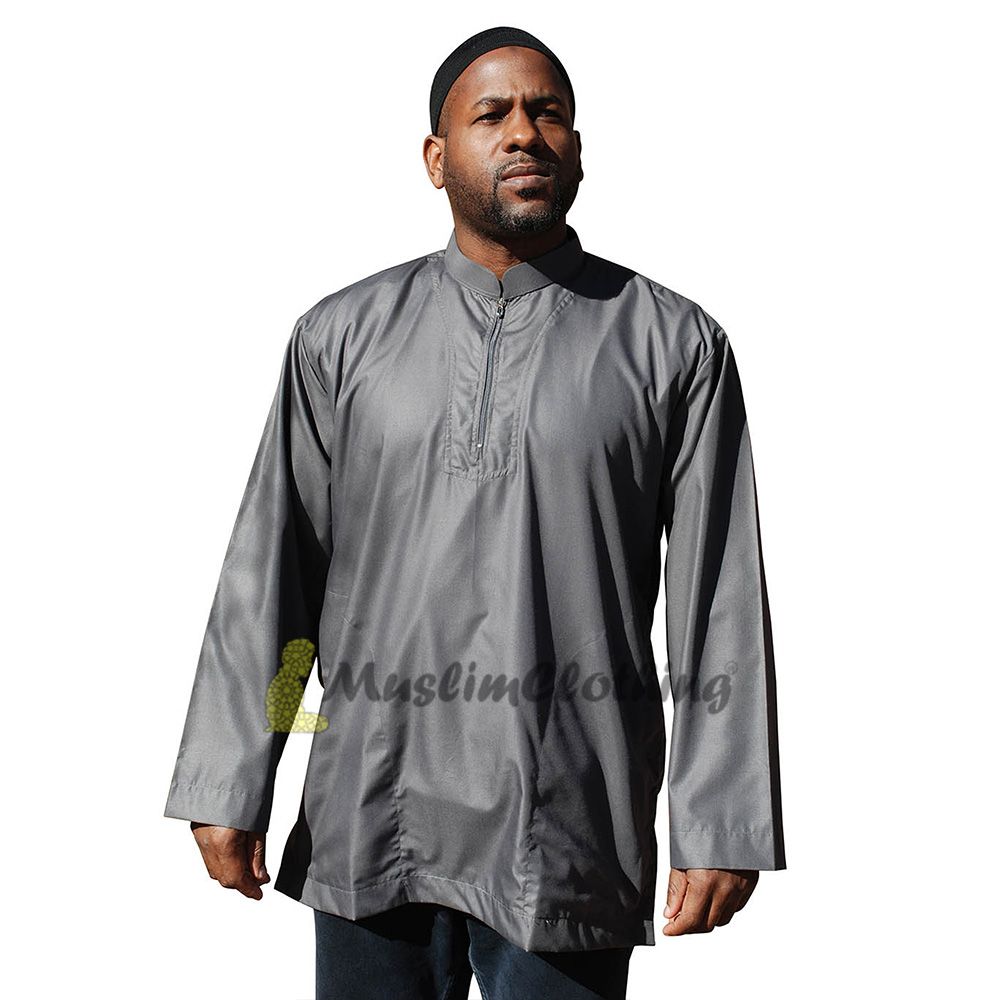 Long Sleeved Dark Gray Men’s Shirt with Zipper Clothing Islamic