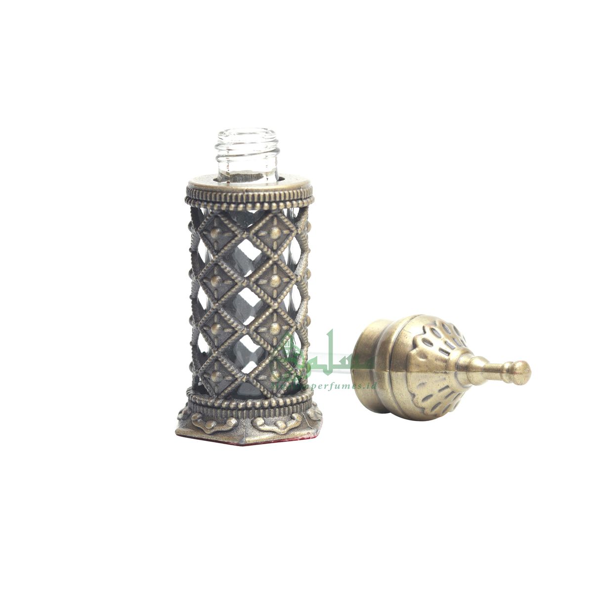 Empty Perfume Bottle Small Pointed Minaret Lattice Design Brass Color Attar Oud Musk 3.4- ml Vial Bejeweled Blue Accents Dipper Applicator