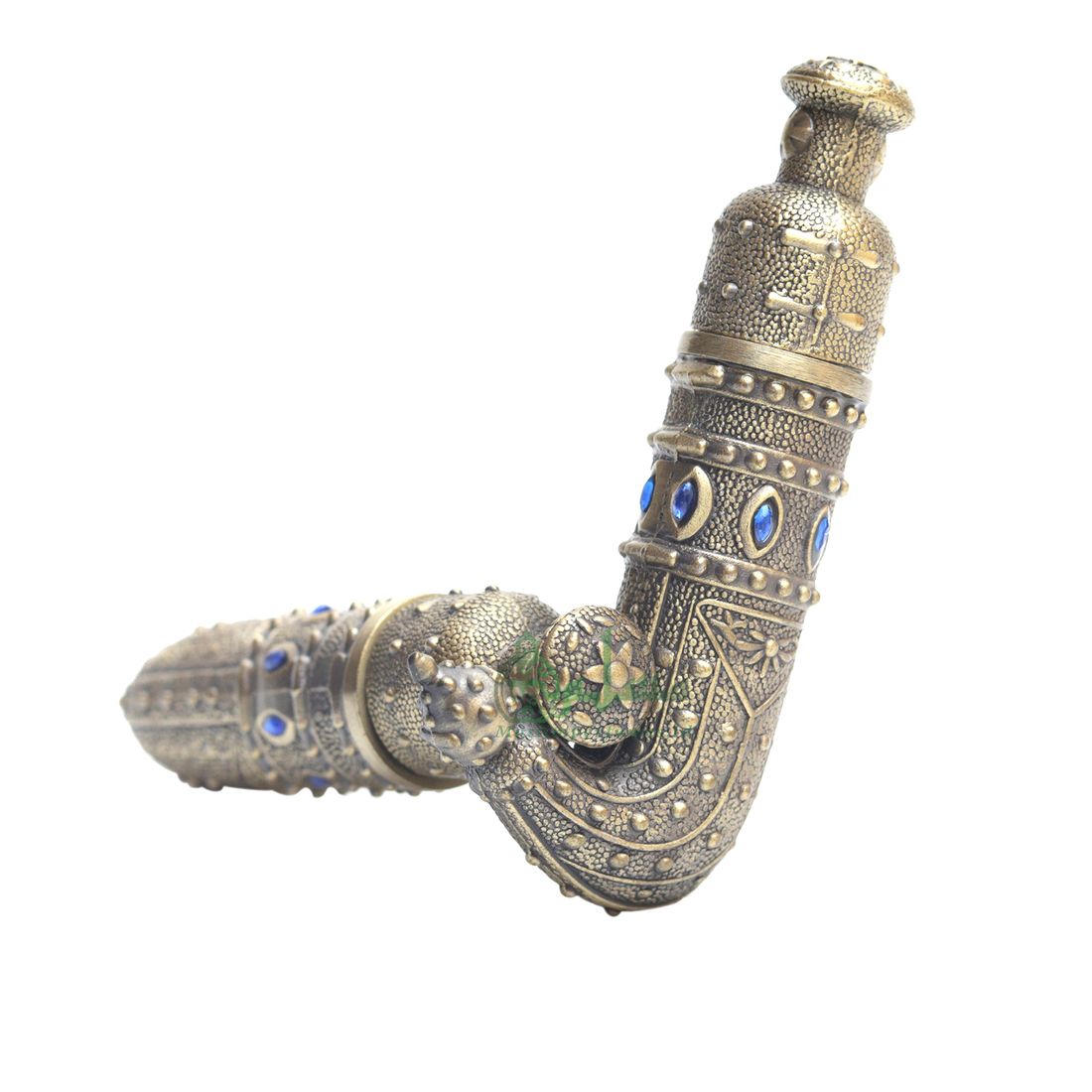 EMPTY PERFUME BOTTLE Small Yemeni Dagger Jambiyya Design Brass Color Attar Oud Musk Glass 5ml Vial Bejeweled Blue Accents Dipper Applicator