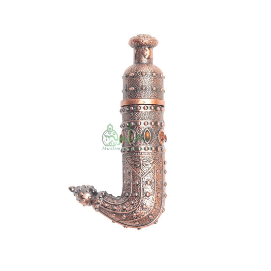 EMPTY PERFUME BOTTLE Small Yemeni Dagger Jambiyya Red Bronze Color Attar Oud Musk Glass 5ml Vial Bejeweled Blue Accents Dipper Applicator