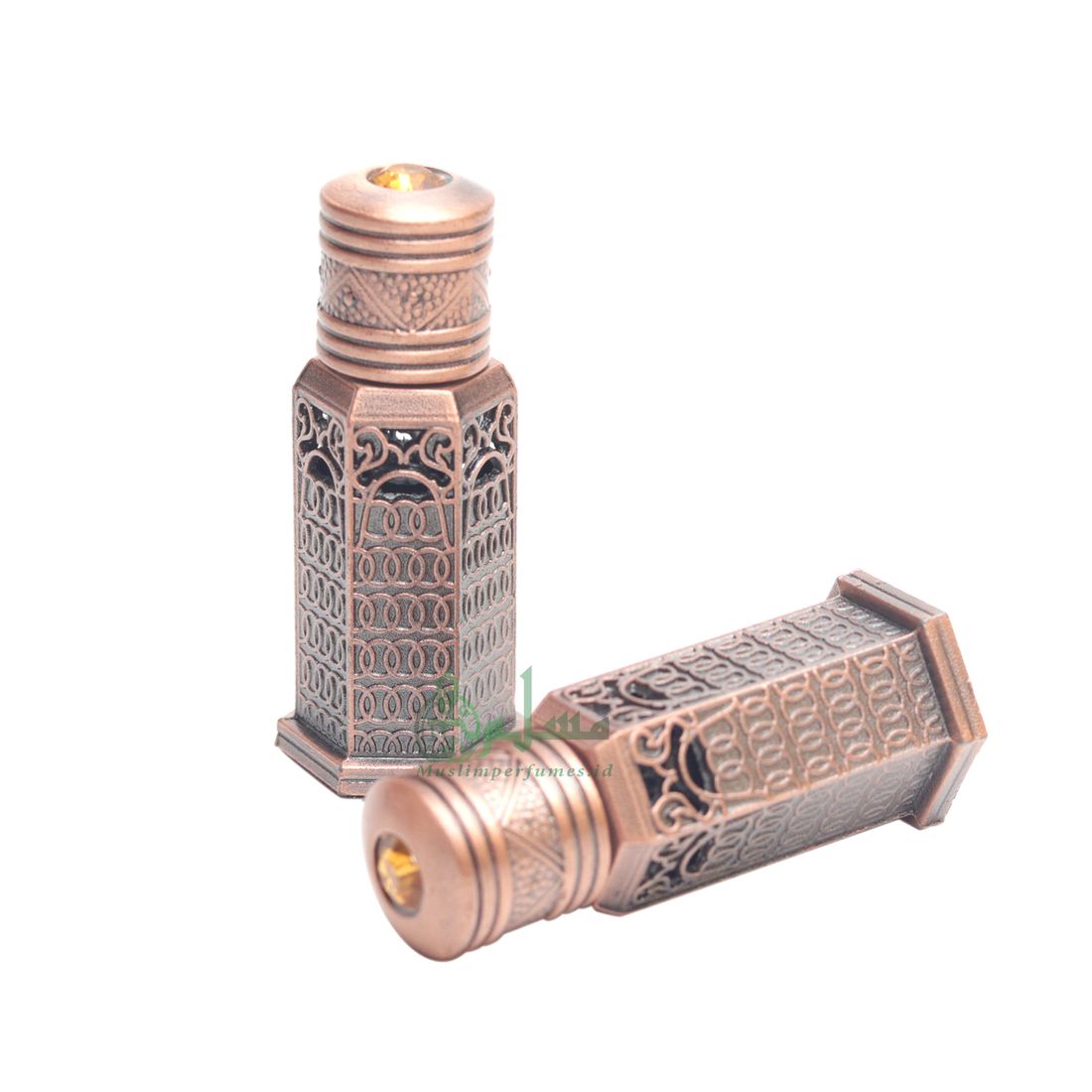 Decorative Minaret Masjid Design Metal Bronze Color Islamic Encased for Perfume Attar Oud 6-sided 3-ml Vial EMPTY Bottle Glass Dipper Cap
