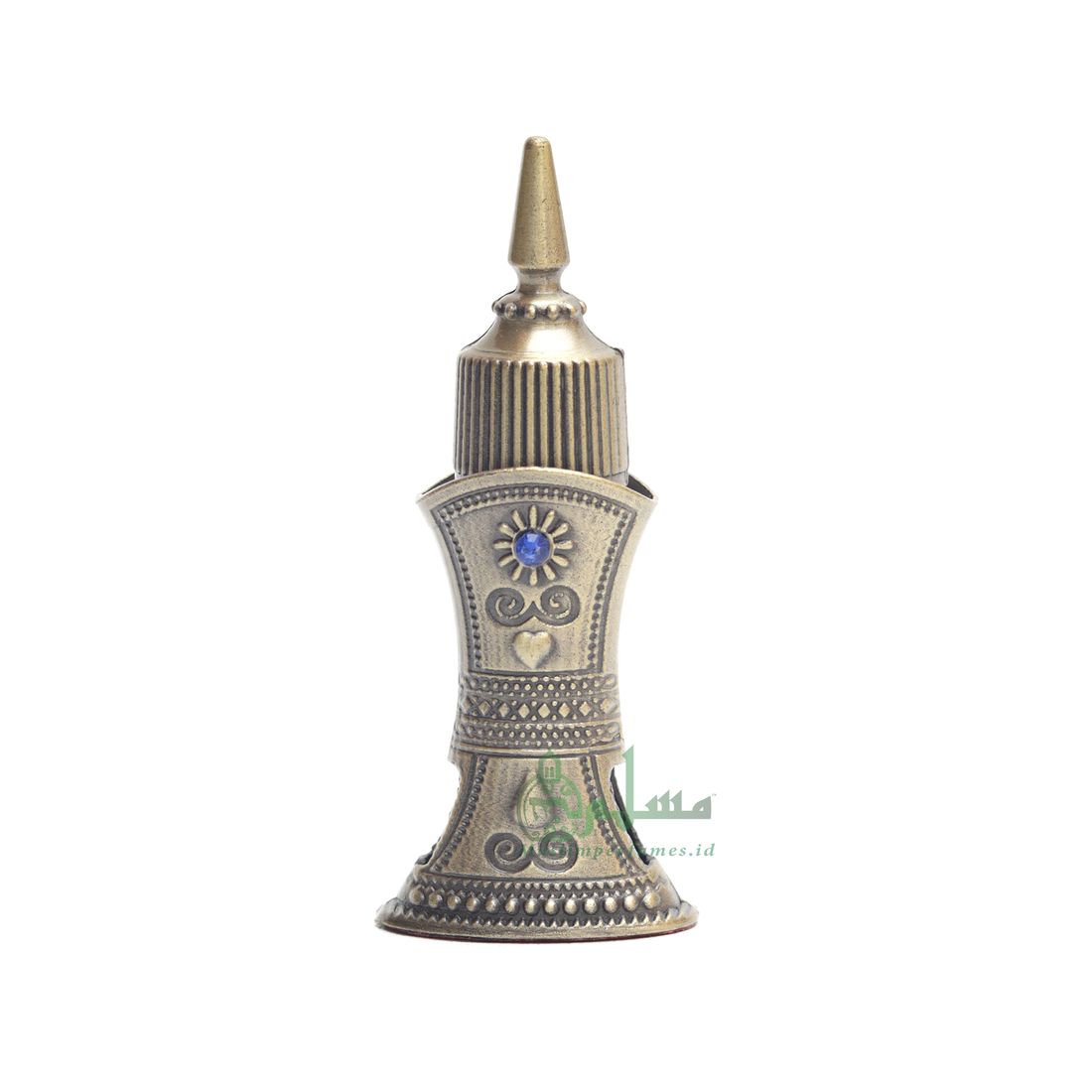 EMPTY PERFUME BOTTLE – Tapered Omani Design Metallic Brass Color Arab Style Glass Interior Flask Bejeweled Blue for Oud Oil Attar Musk 2.4ml