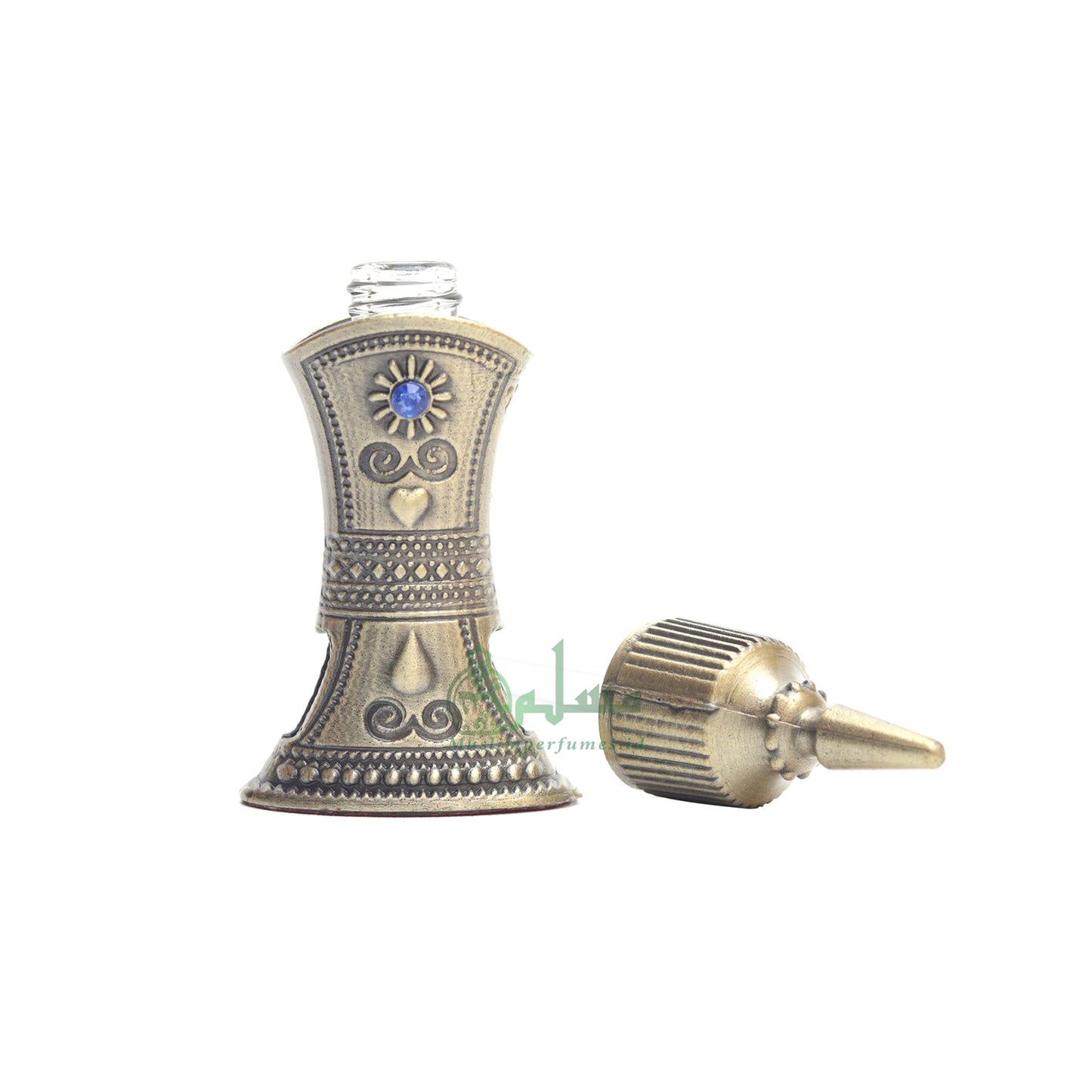 Empty Perfume Bottle - Tapered Omani Design Metallic Brass Color Arab Style Glass Interior Flask Bejeweled Blue For Oud Oil Attar Musk 2.4 ml