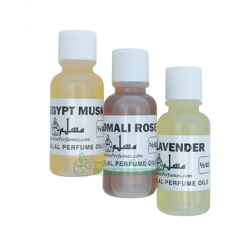 Perfume Set of 3 - Lavender, Somali Rose, Egyptian Musk - 1/2 oz. Bottles