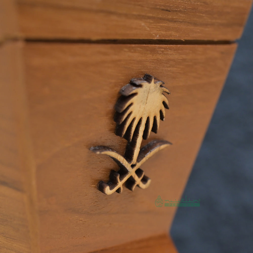 Trapezoidal-Shaped Handcrafted Teak Wood Bukhoor Incense Burner with Saifan wa Nakhal Design