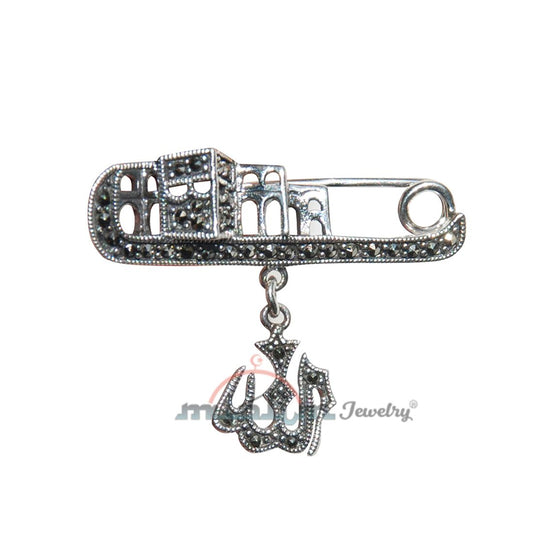 Small Islamic Scarf Pin Brooch Silver Allah Kabah Marcasite Gems