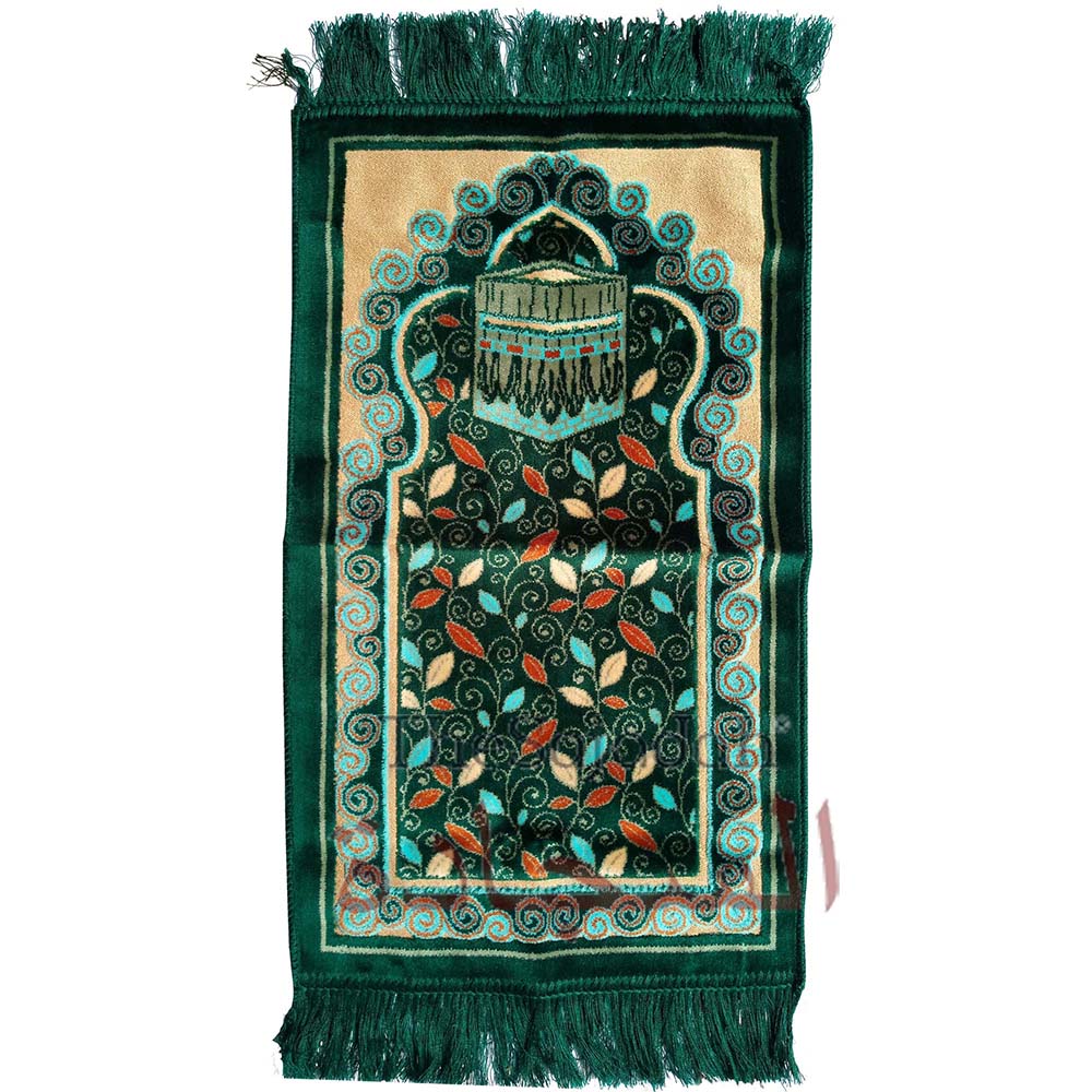 Aydin Extra Small Mini Kid's Prayer Rug Dark Green & Teal Blue Kabah Design 14x 25 In (35x 63 cm) Islamic Salat Ja Namaz