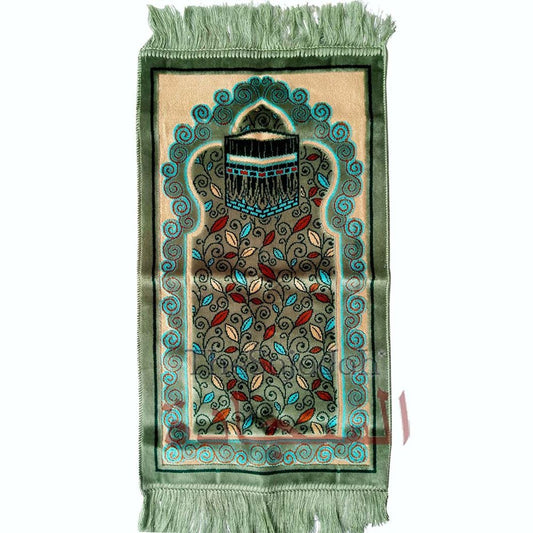Aydin Extra Small Mini Kid’s Prayer Rug Green & Teal Blue Kabah Design 14 x 25 in (35 x 63 cm) Islamic Salat Ja Namaz