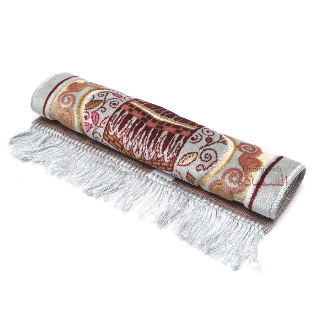 Aydin Extra Small Mini Kid's Prayer Rug Silver & Pink & Maroon Kabah Design 14x 25 In (35x 63 cm) Islamic Salat Ja Namaz