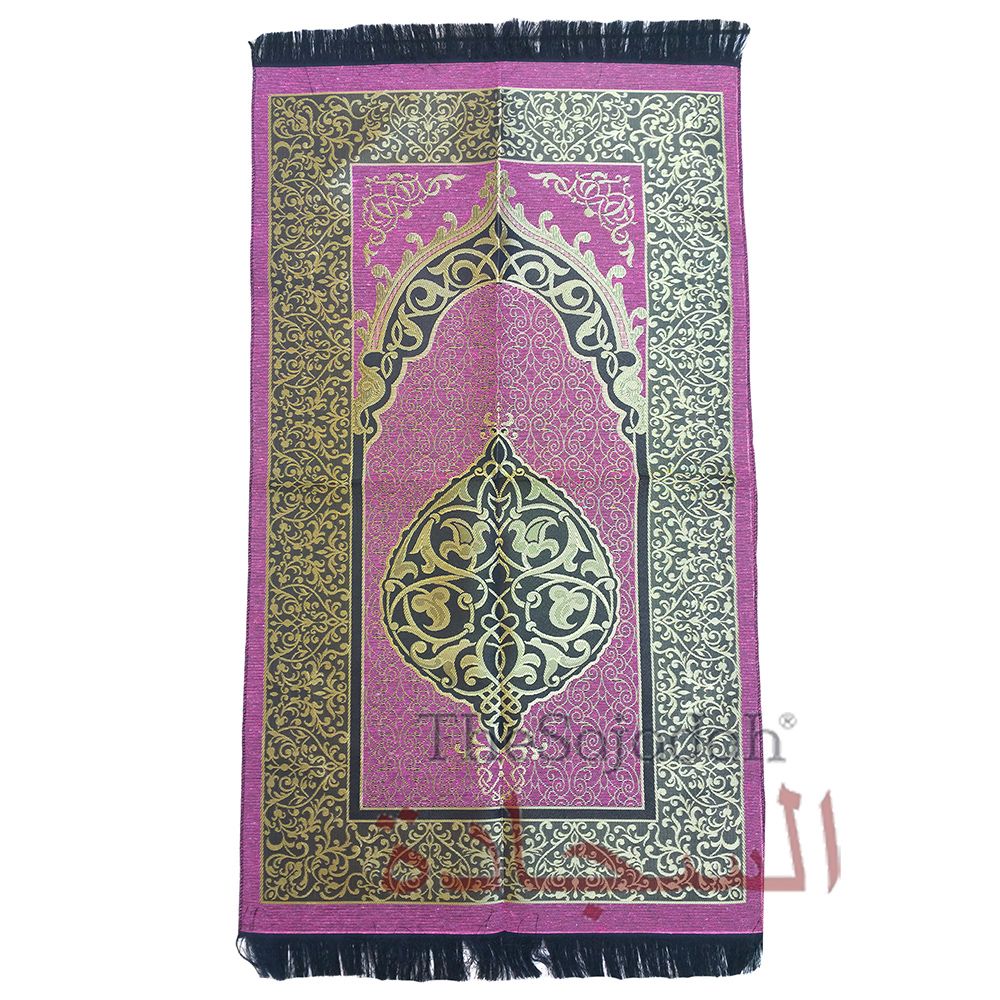 Sajadah Namaz Aydin Extra Tipis Motif Bunga Krom Merah Muda & Emas & Lengkungan Runcing - 65x 114cm