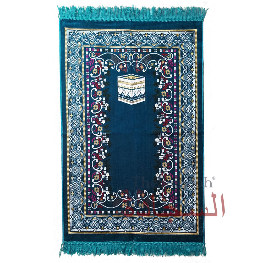 Prayer Rug – Dark Teal Blue Holy Kabah Design with Arabesque Flowers Ja Namaz Salah Carpet Sajjadah