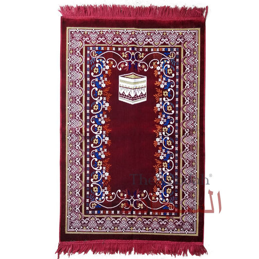 Prayer Rug – Maroon Holy Kabah Design with Arabesque Flowers Ja Namaz Salah Carpet Sajjadah