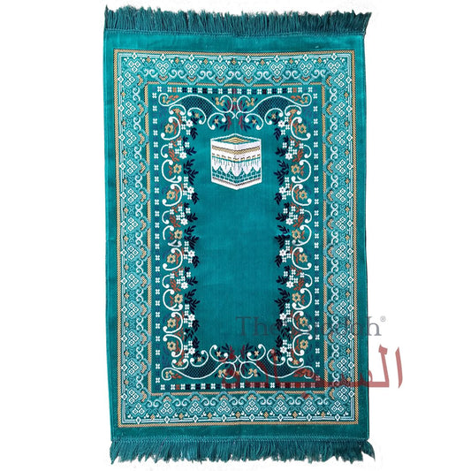 Prayer Rug – Turquoise Blue Holy Kabah Design with Arabesque Flowers Ja Namaz Salah Carpet Sajjadah